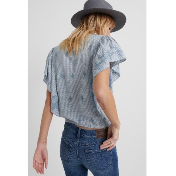 Lucky Brand Embroidered Floral Cross Over Flutter Sleeve Top Women's Small Blue - Picture 2 of 10